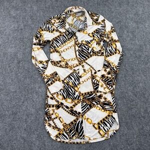 Jolie & Joy Large Zebra Gold Chain Print Button Down Shirt Dress Women's